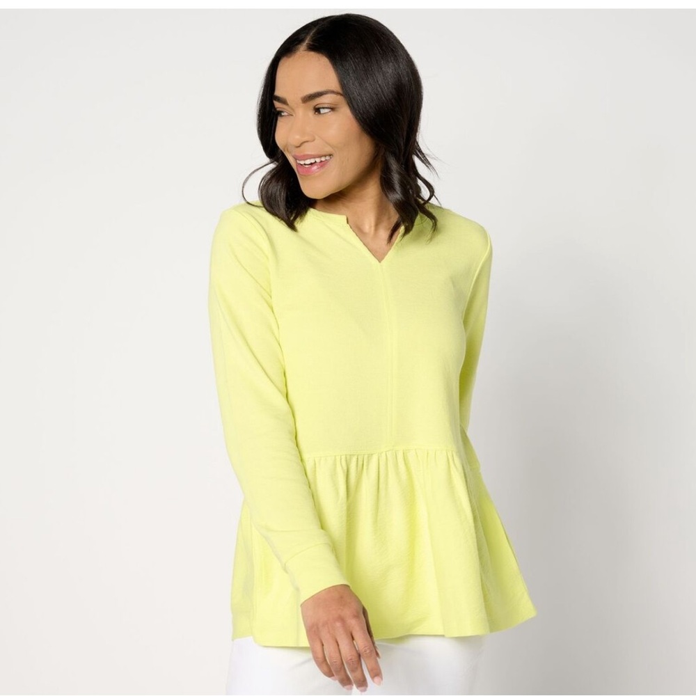 LOGO by Lori Goldstein Women's Top Sz XL Life Split Neck‎ Long Sleeve Yellow